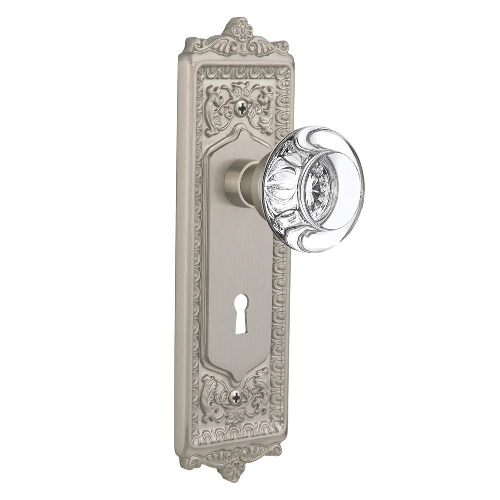 Nostalgic Warehouse EADRCC Mortise Egg and Dart Plate with Round Clear Crystal Knob with Keyhole in Satin Nickel